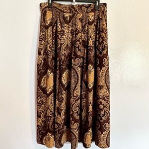 Plus Sz 1X Vintage Brown Gold Brocade Midi Skirt Flowy Fall Cottagecore 80s 90s